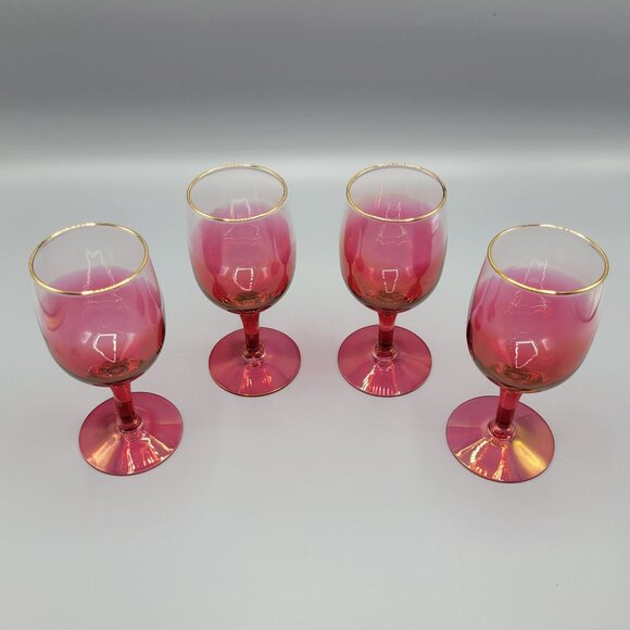 Vintage Set Of 4 MCM Cranberry Ombre Wine Glasses With Gold Rim Accent #2 - Picture 2 of 12